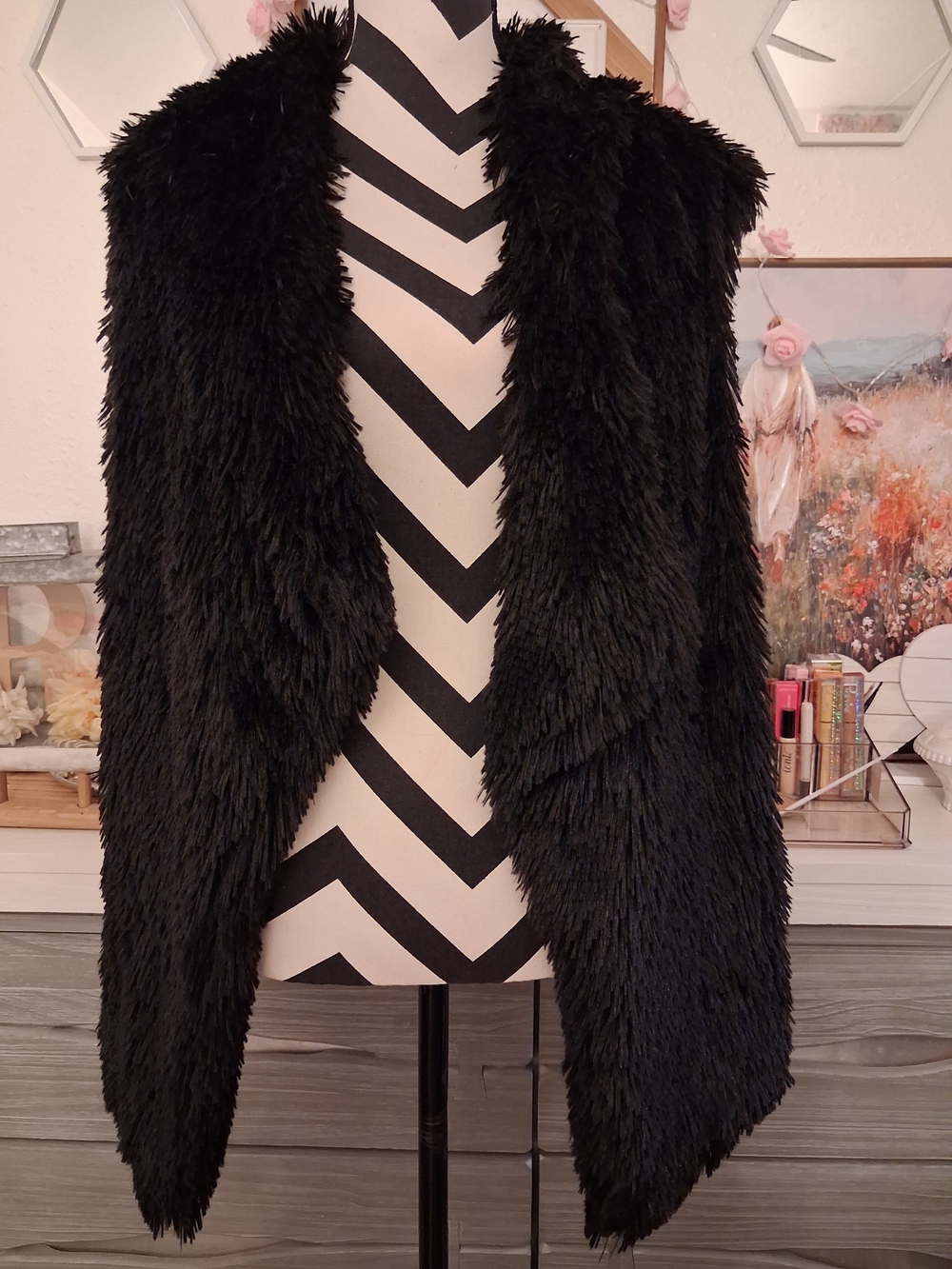 Catherines Est 1946 Black Faux Fur Shaggy Vest Open Front Plus Size 22/24W